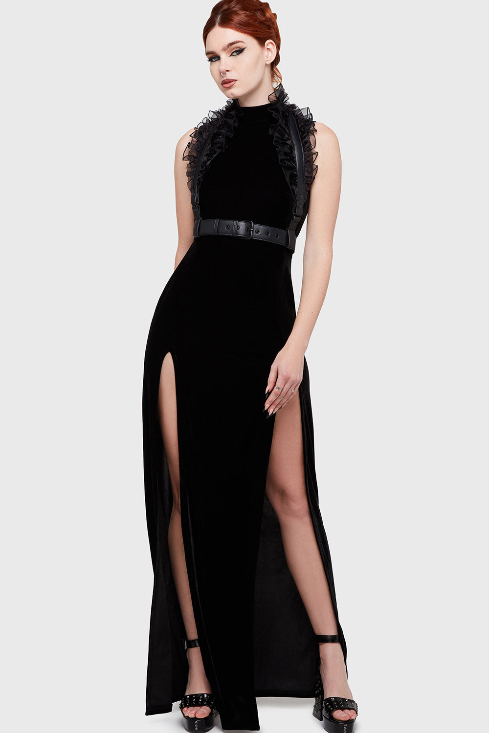 romantic goth ruffled black leather harness belt 