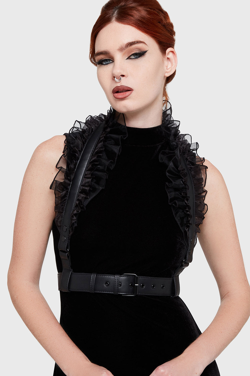 gothic ruffled black leather harness by killstar 
