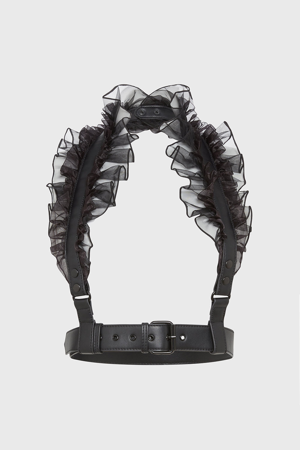 ruffled black leather harness