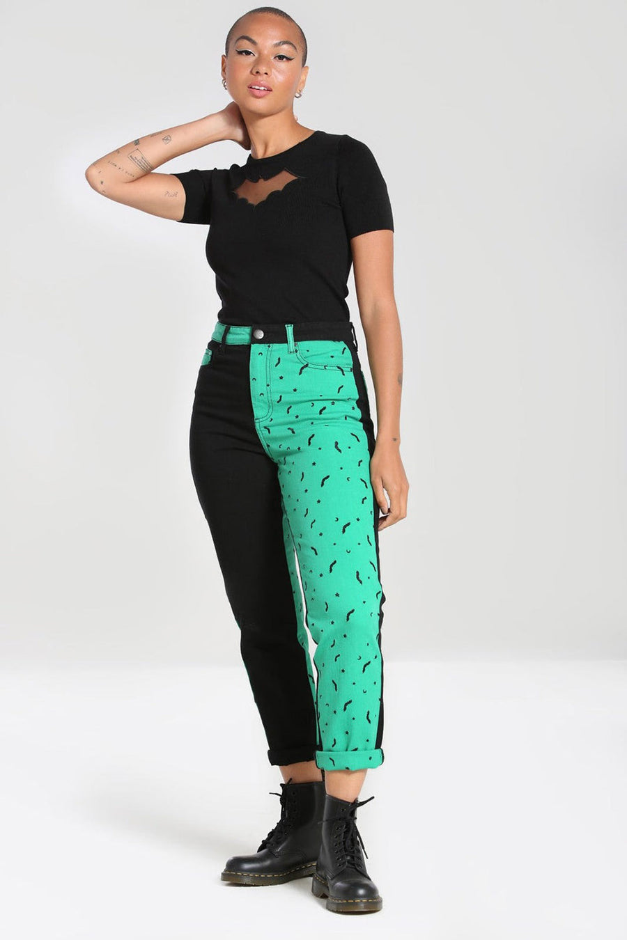 womens half black half green emo pants