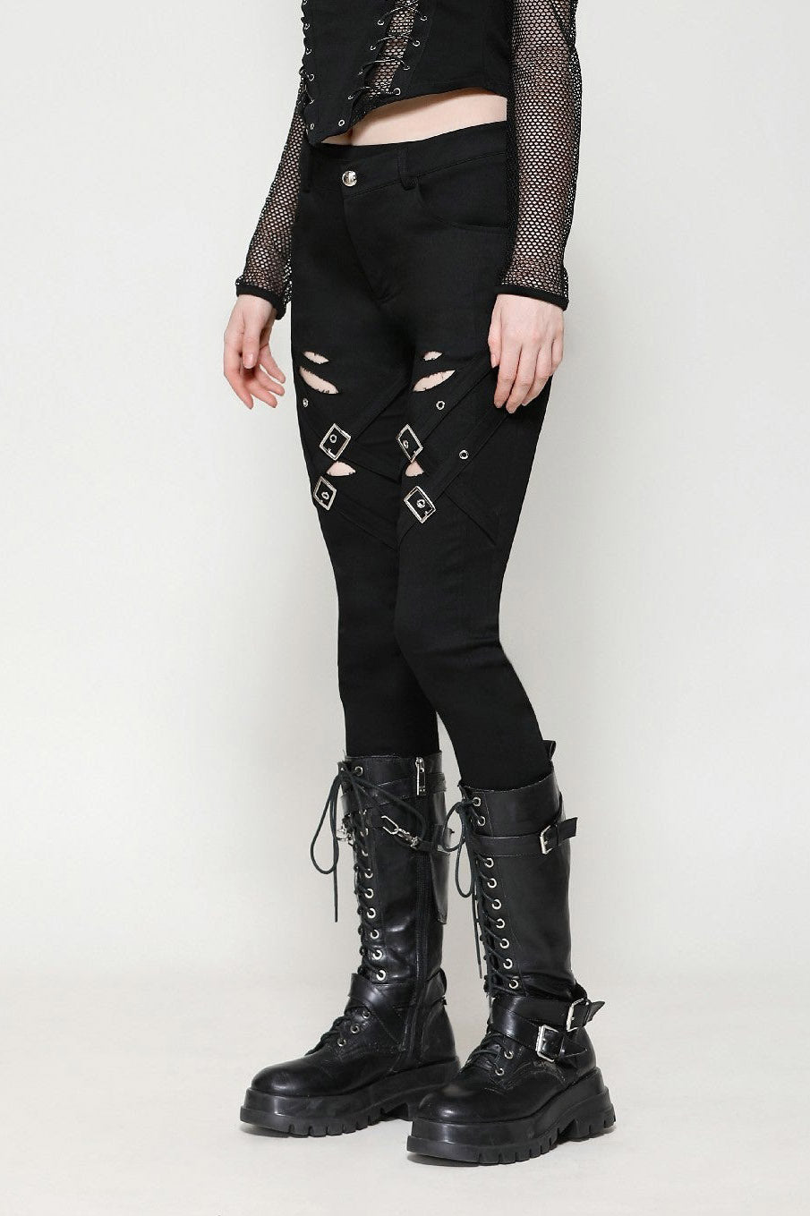 womens black buckled distressed shredded skinny jeans 