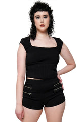 goth fashion stretchy black shorts for women with zippers
