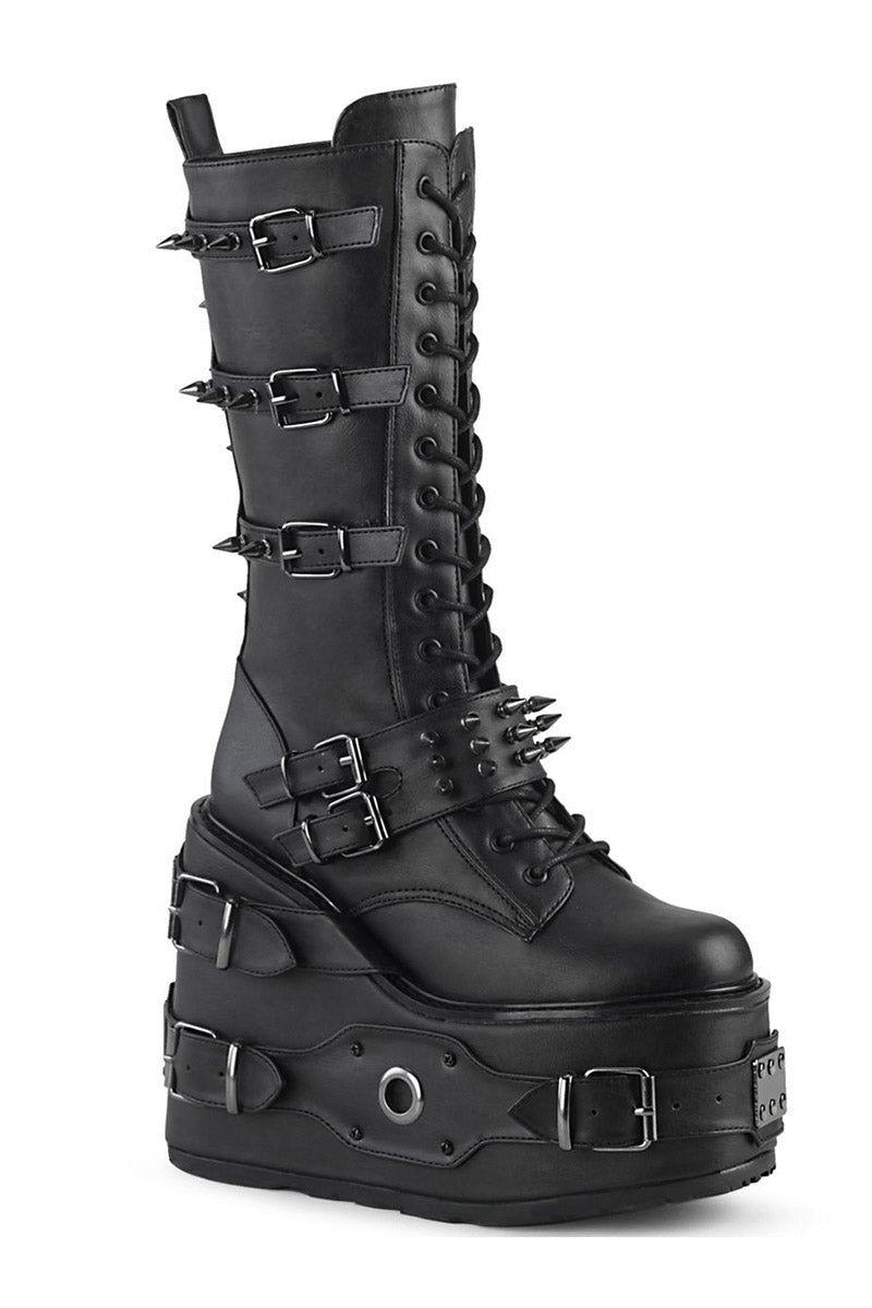 womens vegan black leather spiked punk boots