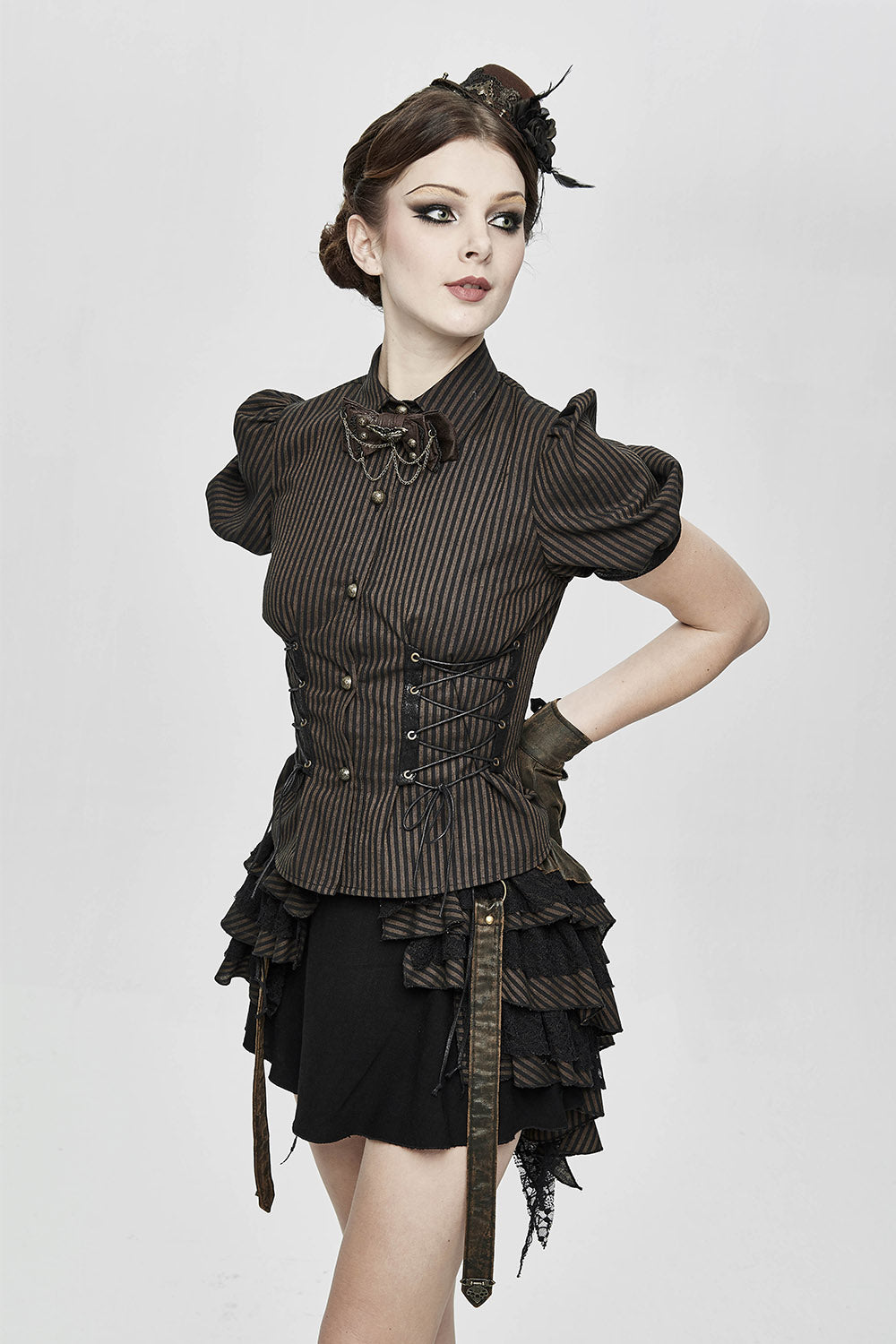 corset short sleeve button-up brown and black striped vintage inspired top 