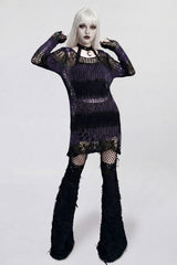 purple black striped sweater with open mesh knit construction delivers prominent see-through grunge aesthetic effect