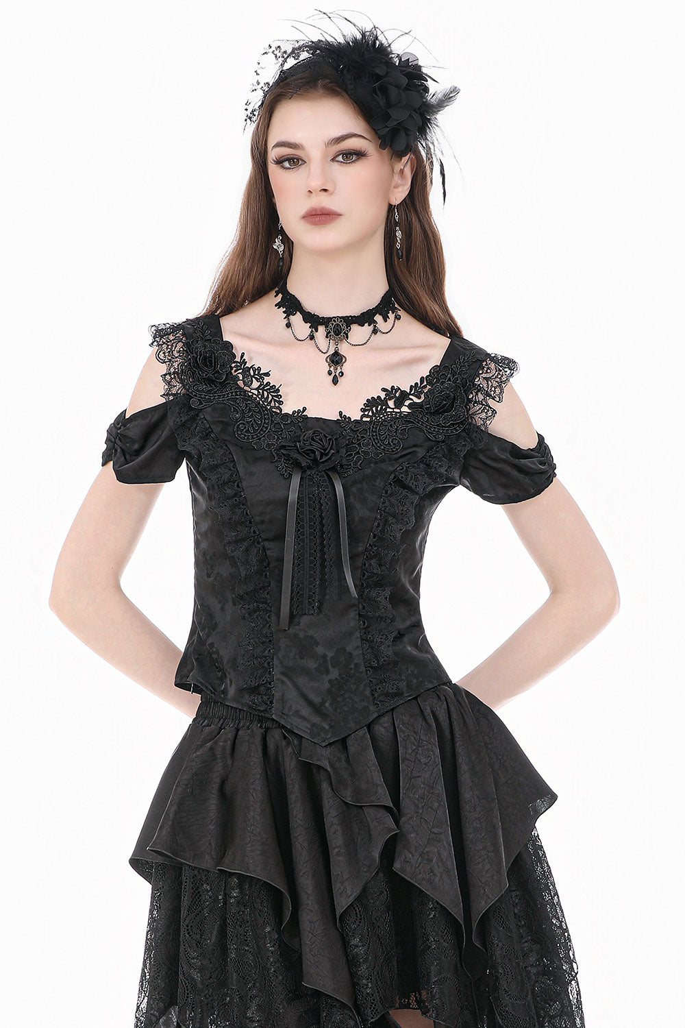 Dark In Love vintage goth womens black lace and ribbon top