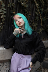 womens retro vintage inspired button up pointed collar witchy blouse