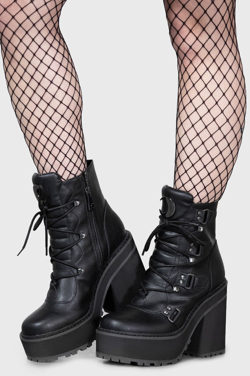 black vegan leather platform boots with crescent moon charms 