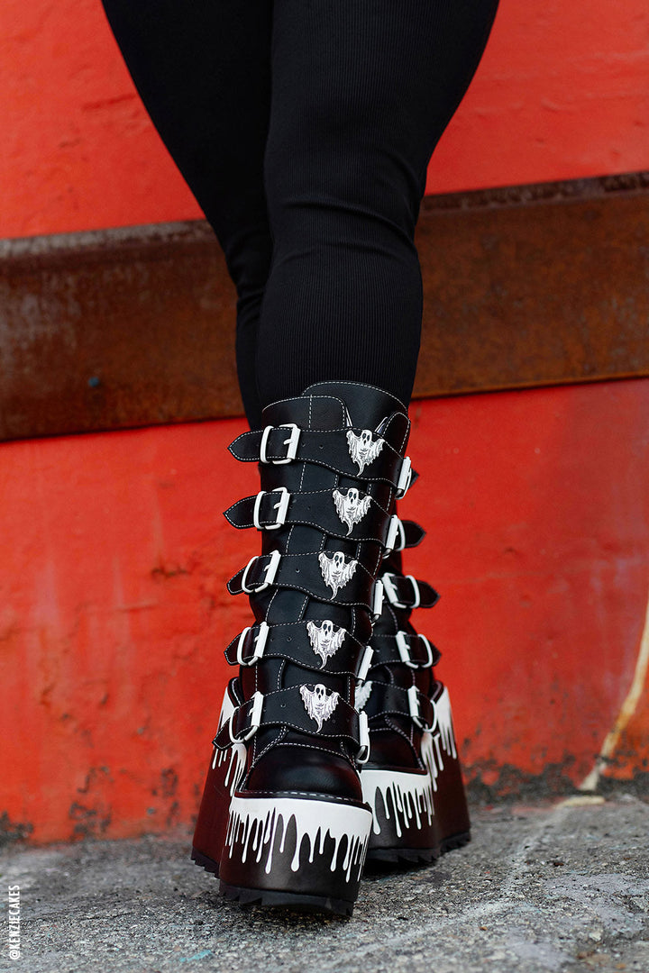 womens vegan leather black and white ghost boots