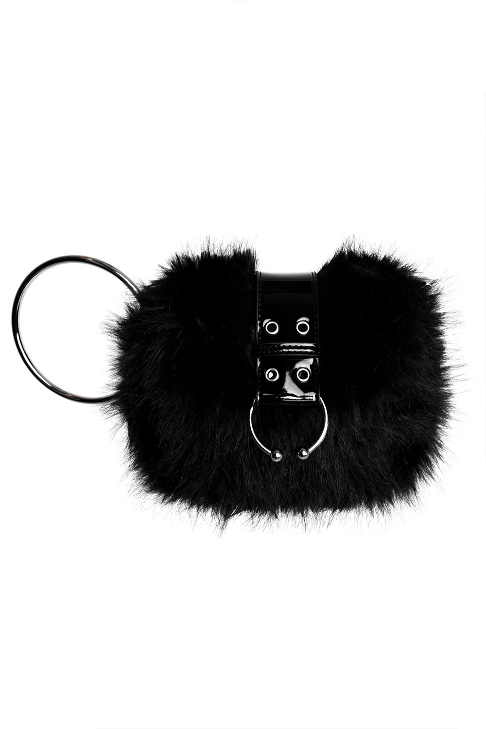 FOXBLOOD Astrid black faux fur wristlet with oversized horseshoe hardware for gothic alternative fashion