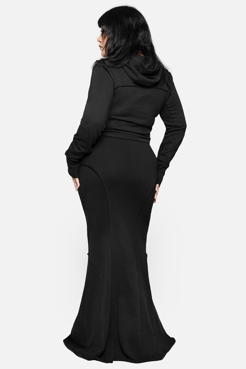 black cotton dramatic morticia addams inspired long maxi fishtail mermaid skirt