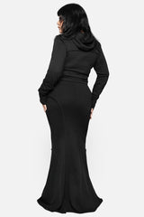 black cotton dramatic morticia addams inspired long maxi fishtail mermaid skirt
