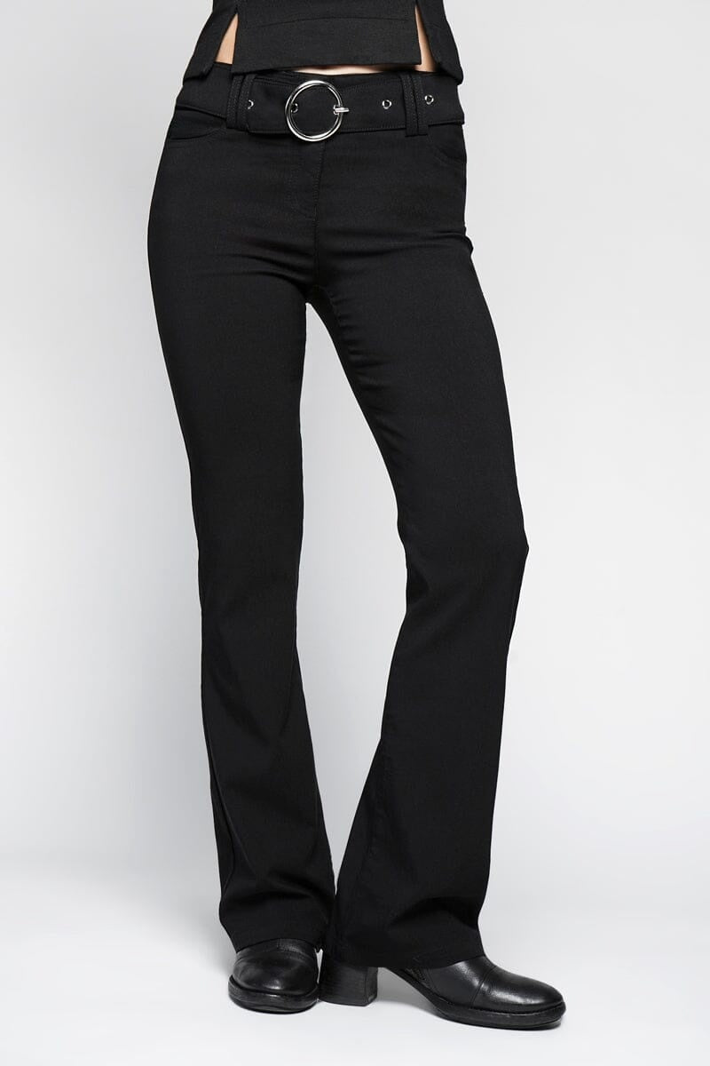 womens black cotton mid-rise flared pants made of cotton and spandex