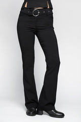 womens black cotton mid-rise flared pants made of cotton and spandex