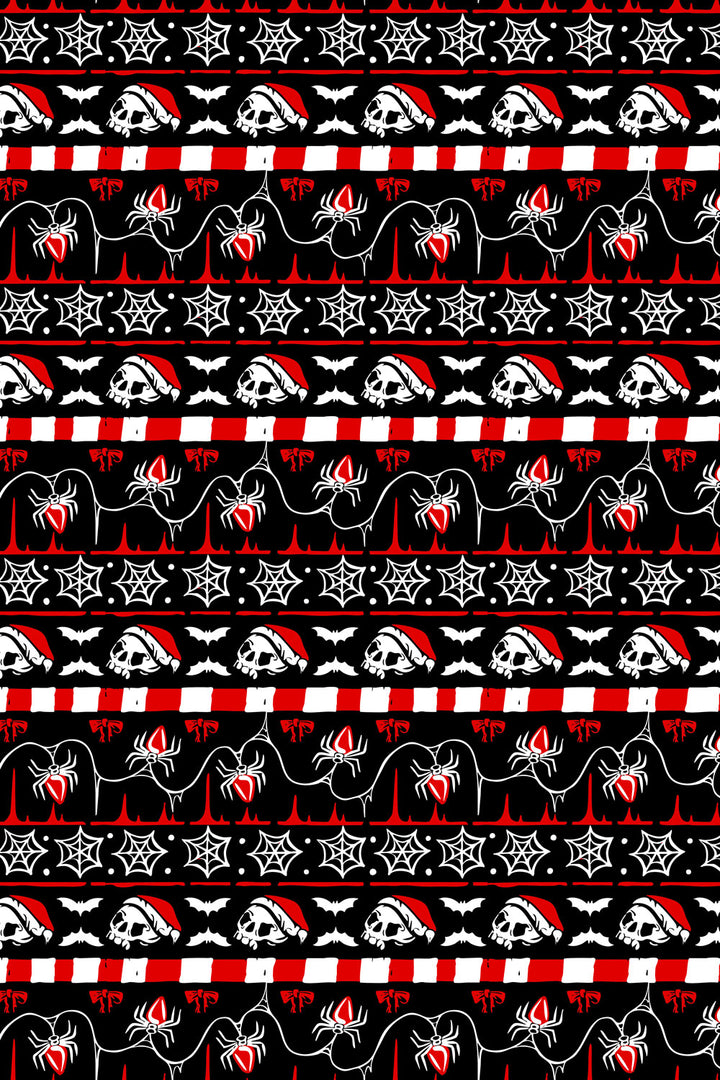 skull, spider, goth santa hat, bat, and web christmas wrapping paper