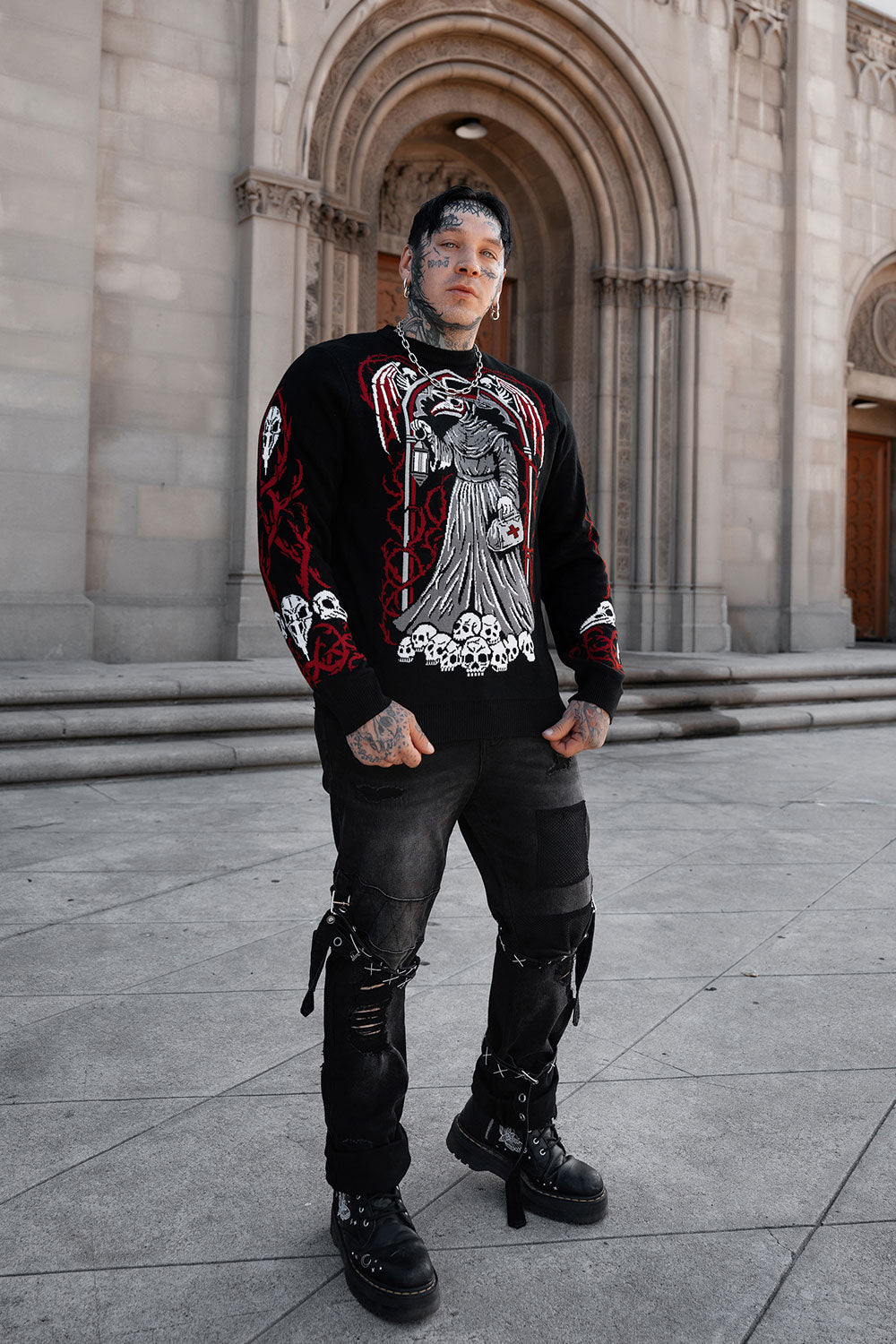 unisex plague doctor Christmas style knit sweater with creepy medical mask imagery for goth punk emo and horror fashion
