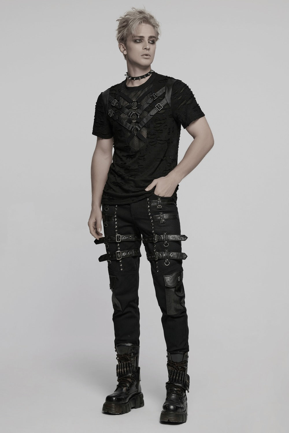 mens short sleeve gothic tshirt with vegan leather straps 
