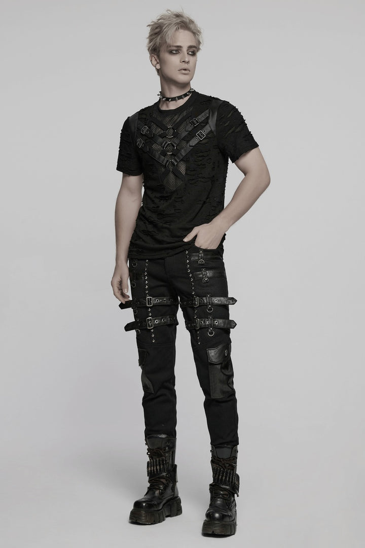 mens short sleeve gothic tshirt with vegan leather straps 