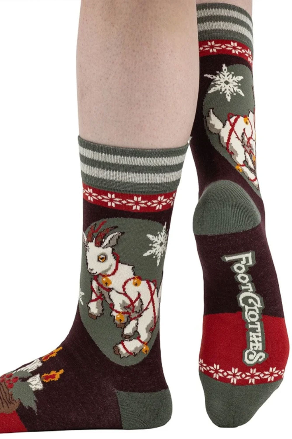 FootClothes branded Yule Goat holiday themed xmas Christmas crew socks