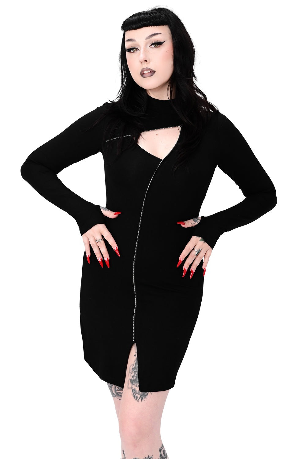 high collar gothic dress with thumbholes