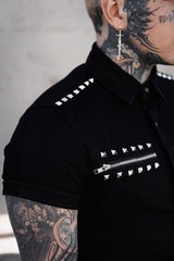 black cotton short sleeve mens pyramid studded punk rock shirt