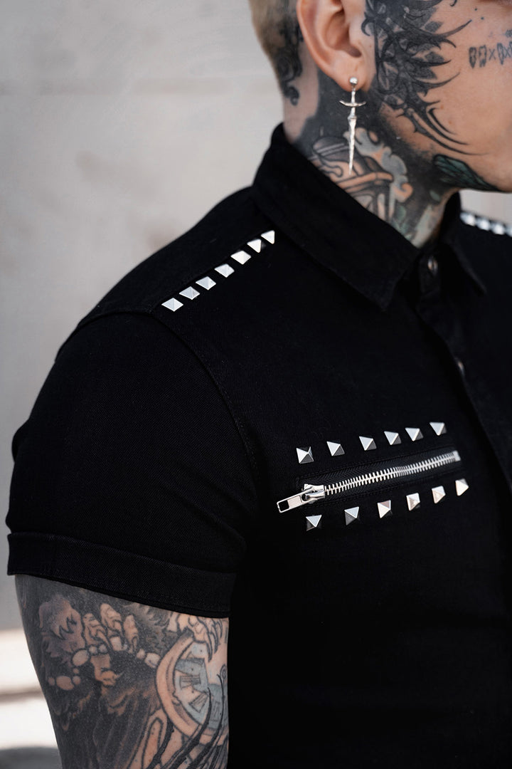 black cotton short sleeve mens pyramid studded punk rock shirt
