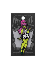 Kreepsville 666 Zombabe Girl standing enamel pin with creepy cute zombie artwork for gothic horror fashion and alternative accessories