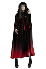 Person wearing a black and red cape on a white background