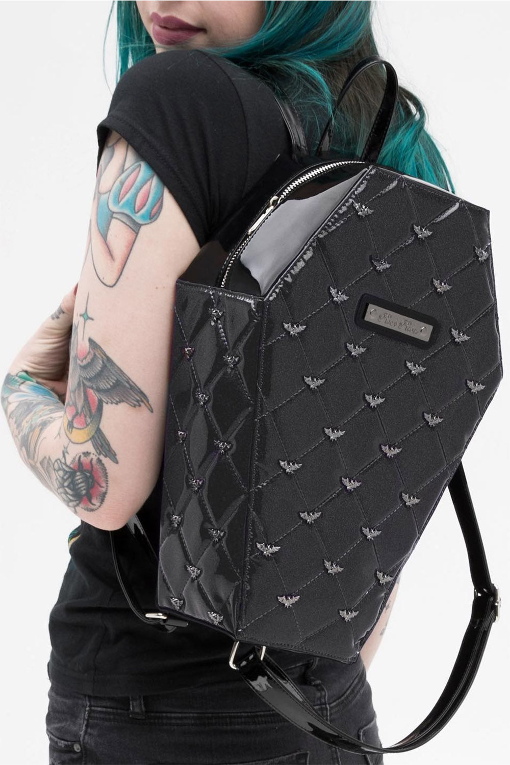Bat Studded Quilted Faux Patent Coffin Back Pack