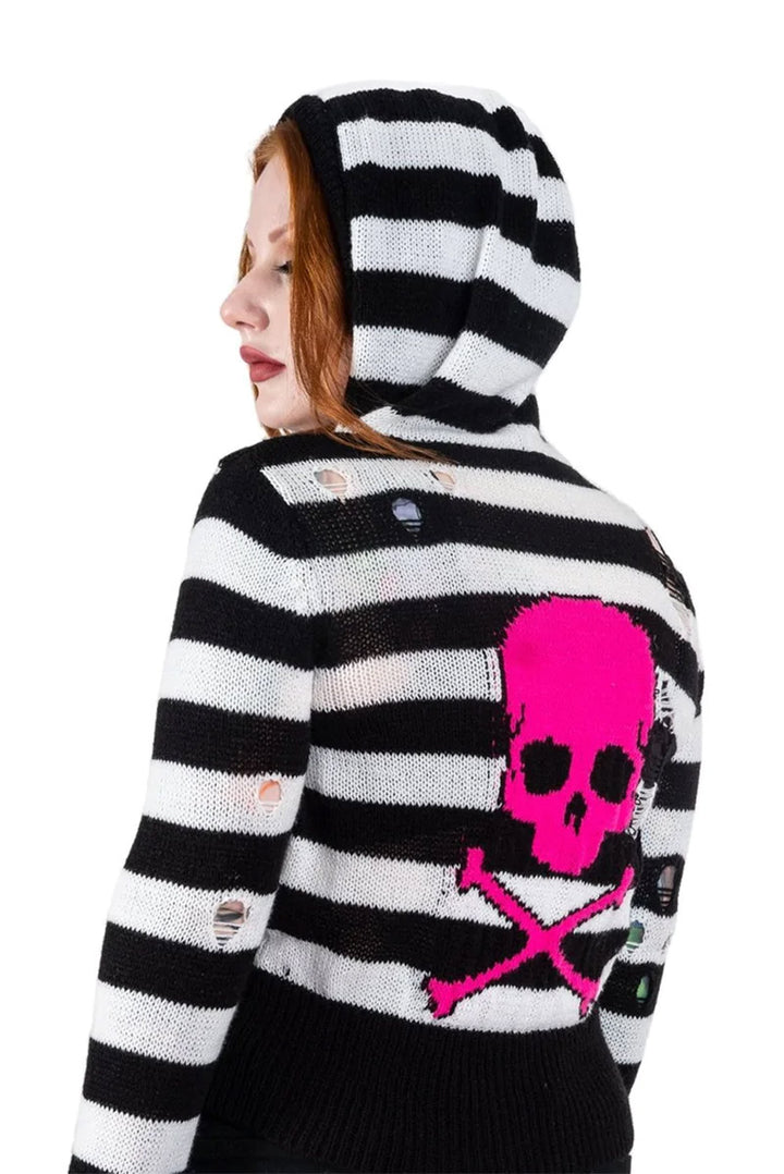 Pink Skull Striped Zip Up Cardigan Sweater