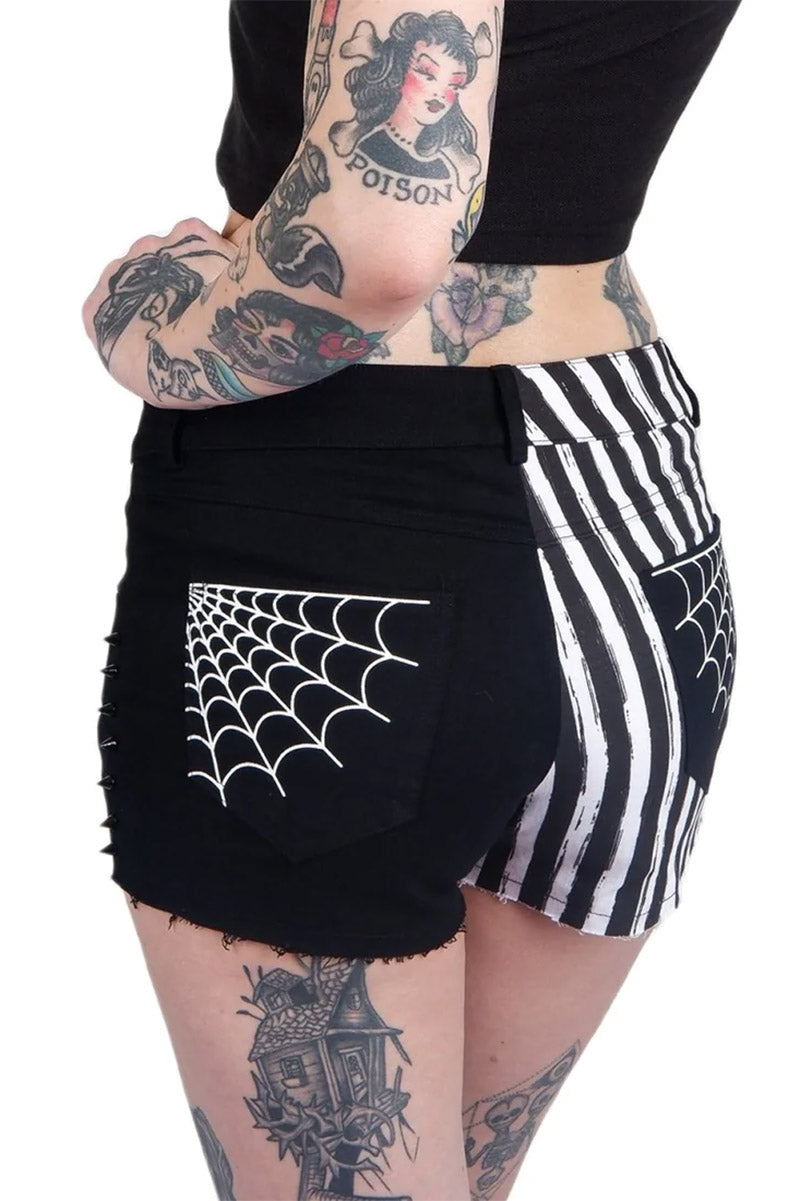 Spiderweb Black & White Striped Studded Stretch Denim Shorts