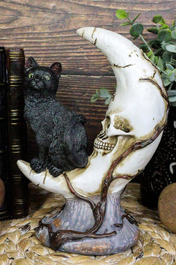 Black Cat on Moon Skull Statue