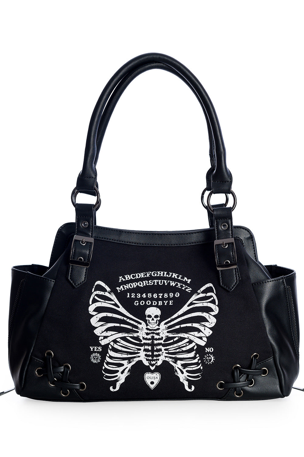 Bolso de mano con diseño de mariposa y esqueleto