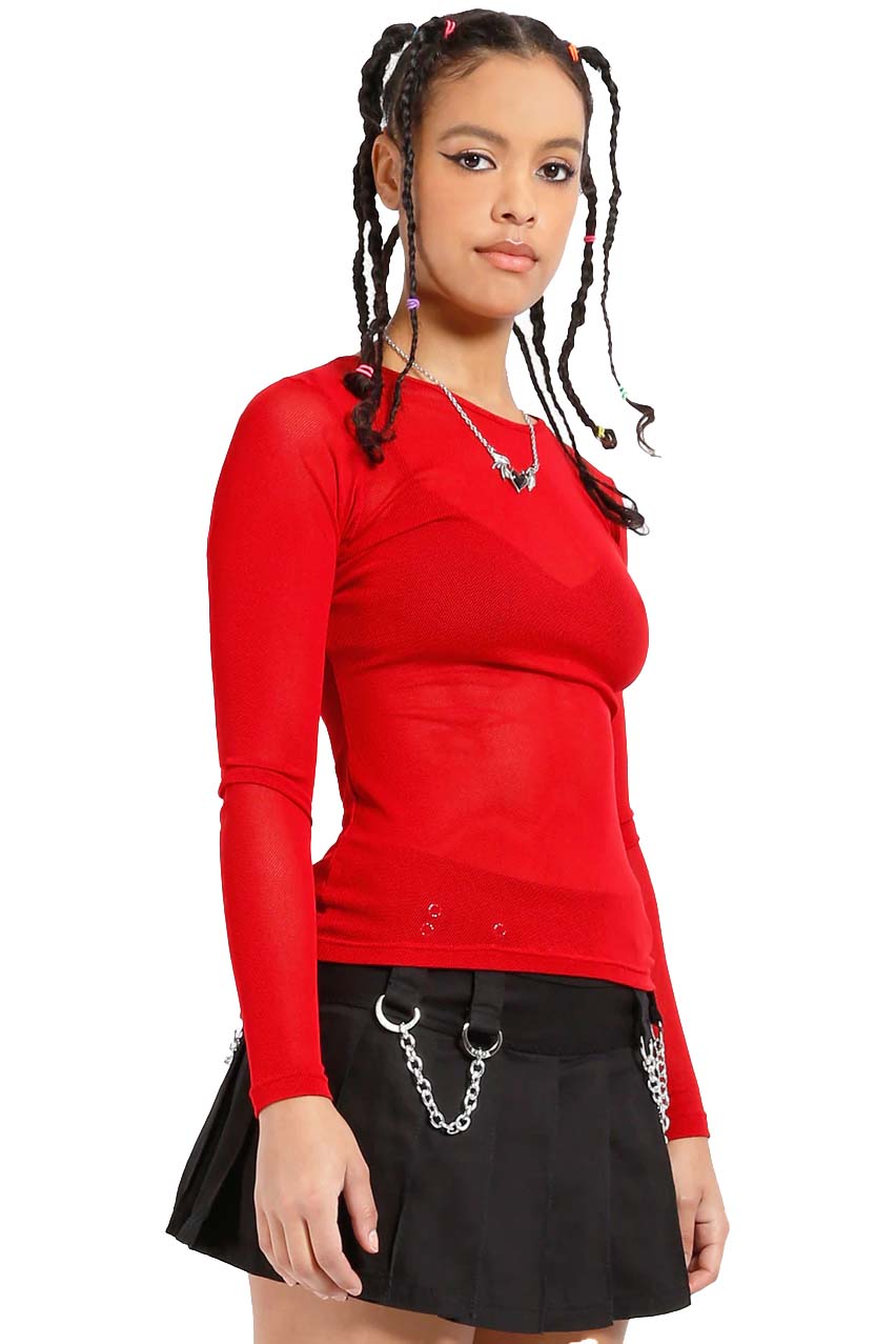 Tripp Ladies Long Sleeve Fishnet Shirt [Red]