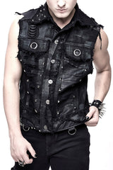 A man wearing a sleeveless black post-apocalyptic vest with silver pyramid studs, large metal eyelets, D-rings, and vegan leather accents.