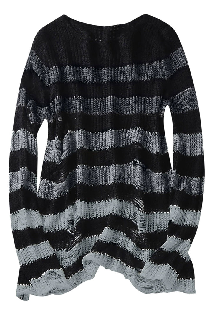 Gradient Gray Striped Distressed Sweater
