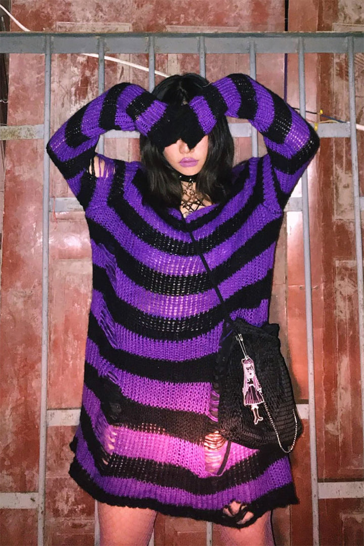 Purple/Black Striped Distressed Sweater
