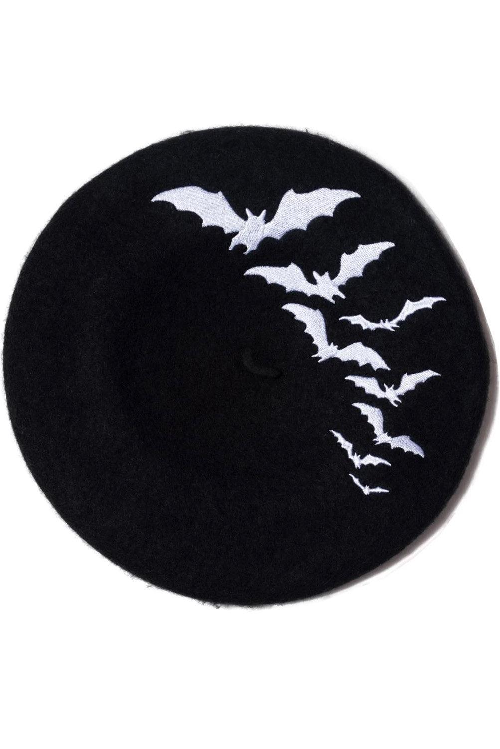 Kreepsville Bat Repeat Beret Hat [White Bats] - VampireFreaks