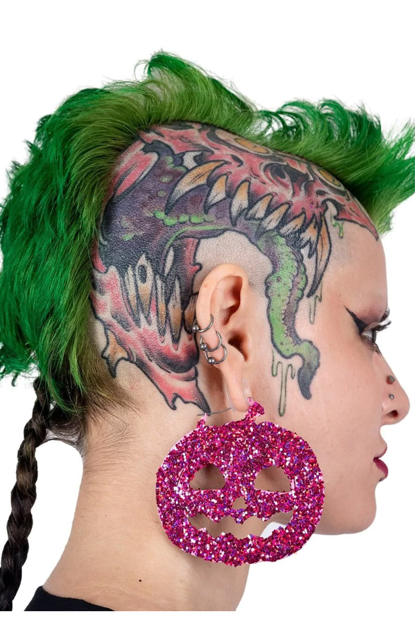 Pink Glitter Pumpkin Hoop Earrings