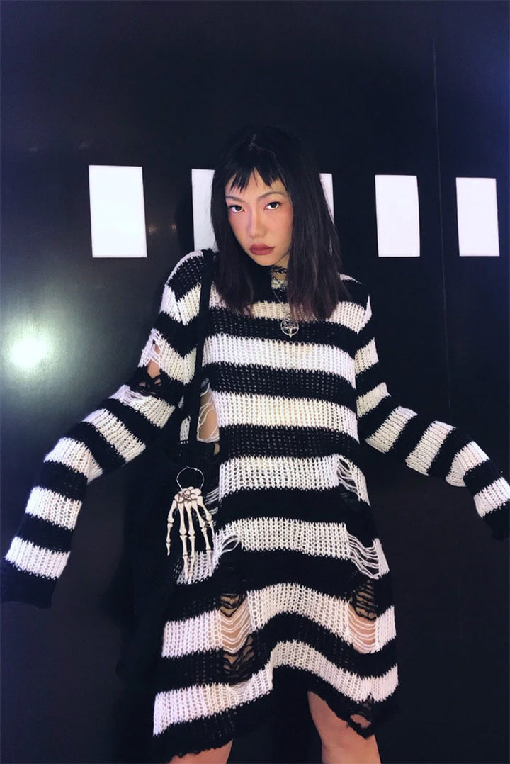 White/Black Striped Distressed Sweater