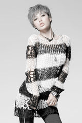 Punk Rave Damage Striped Sweater [Black/White] - Vampirefreaks Store