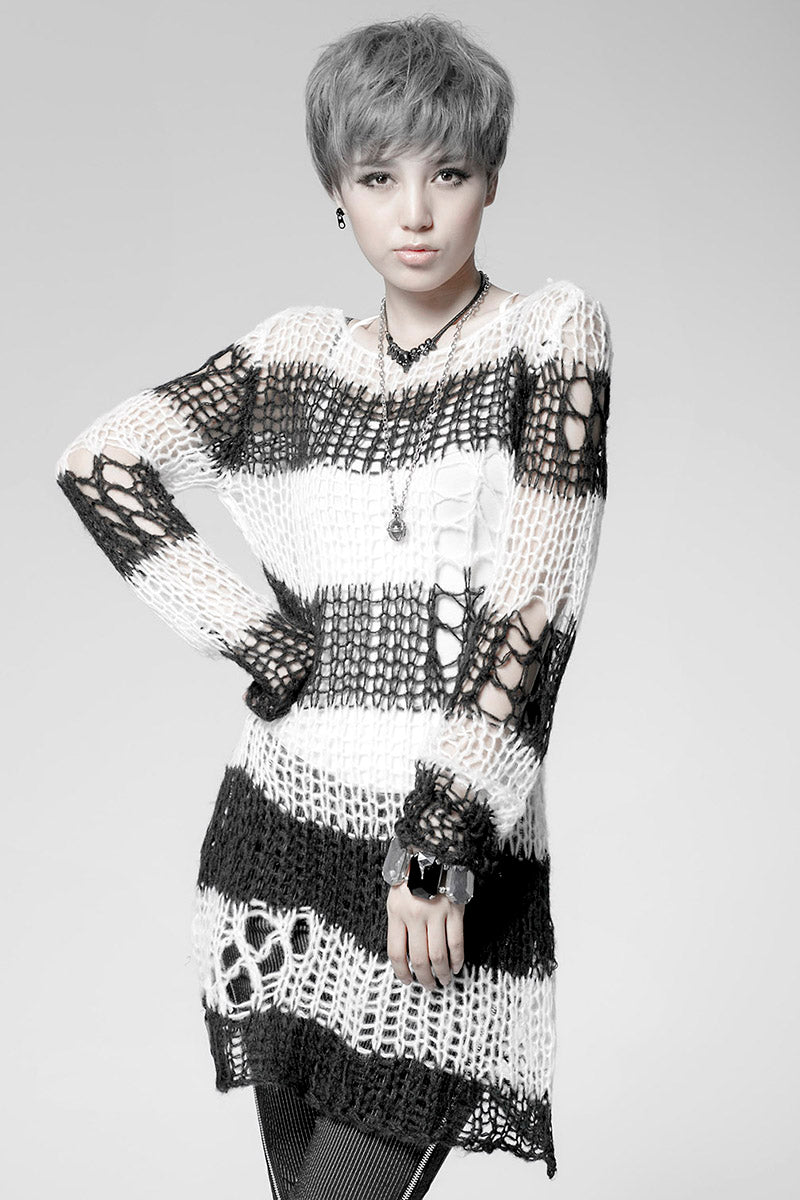 Punk Rave Damage Striped Sweater [Black/White] - Vampirefreaks Store