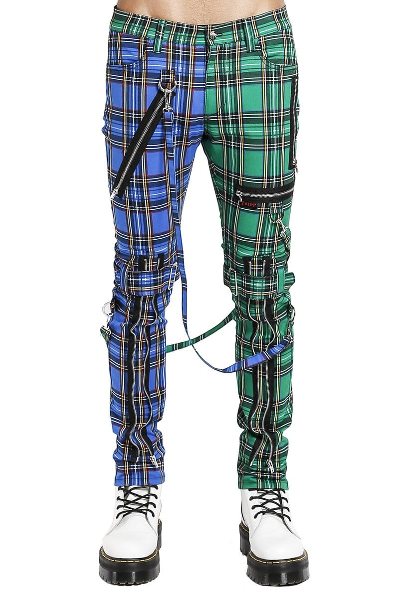 Tripp Split Leg Plaid Bondage Pants (Blue / Green) - Vampirefreaks Store