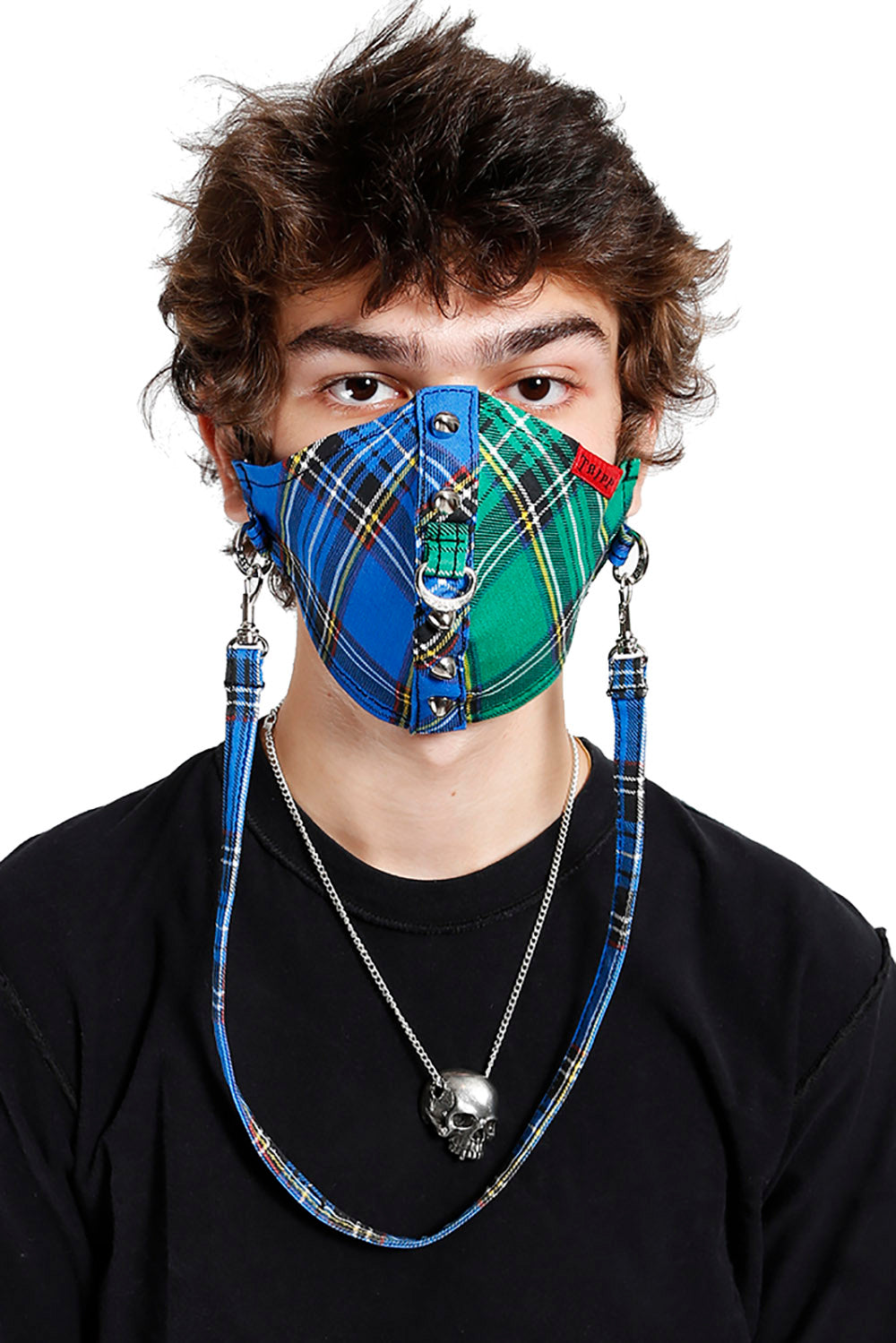 Tripp Split Plaid & Studs Face Mask [Blue/Green]