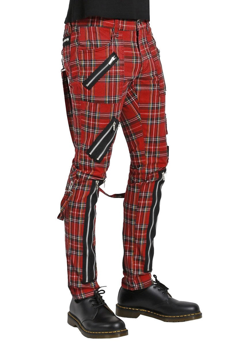 Red Plaid Punk Tartan Zipper Strap Pant Trousers