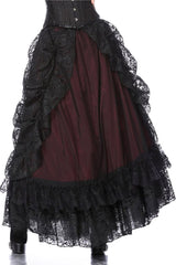 Gothic-style skirt with black lace and burgundy fabric on a white background