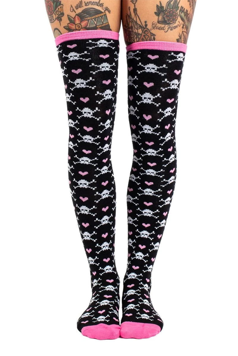 Skulls and Hearts Knit Thigh High Socks