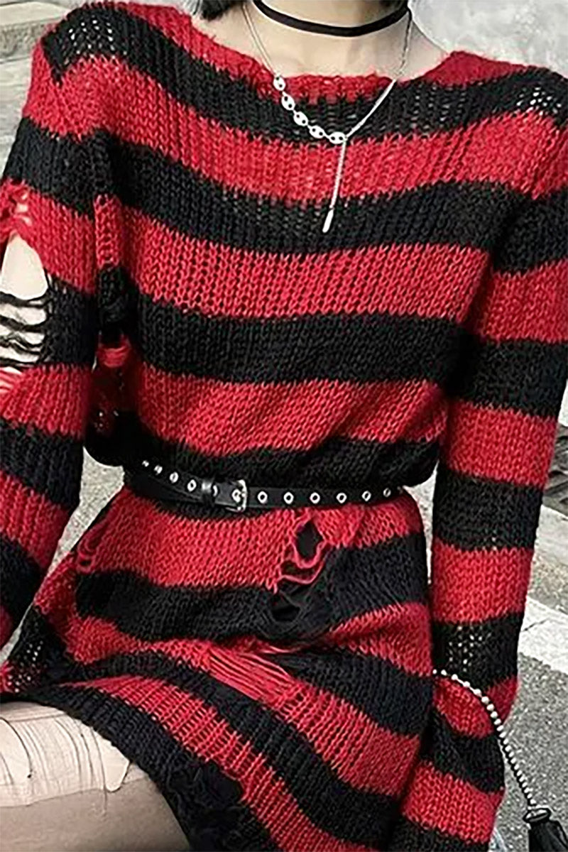Red/Black Striped Distressed Sweater