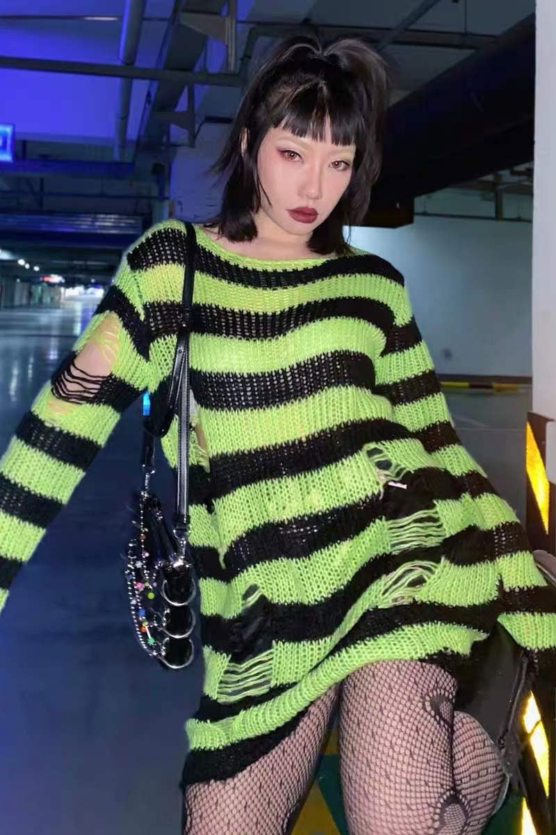 Neon Green/Black Striped Distressed Sweater