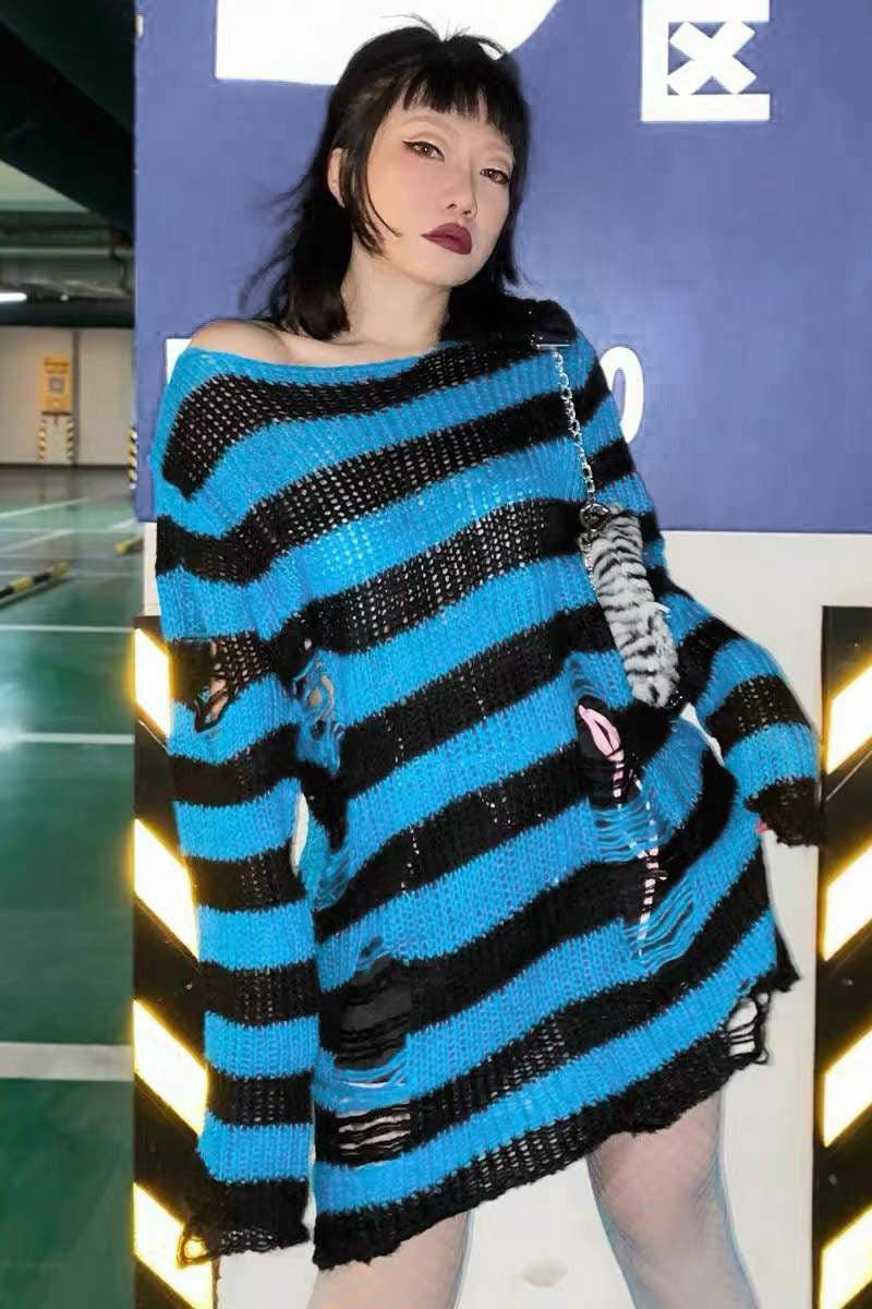 Pastel Blue/Black Striped Distressed Sweater